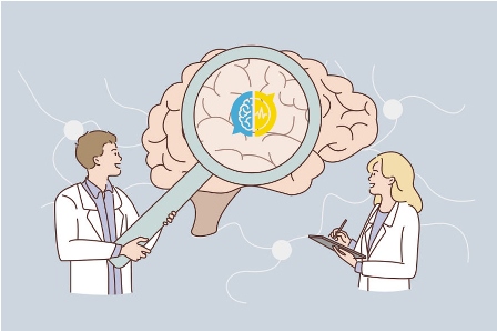 Two scientists examining a brain with a magnifying glass