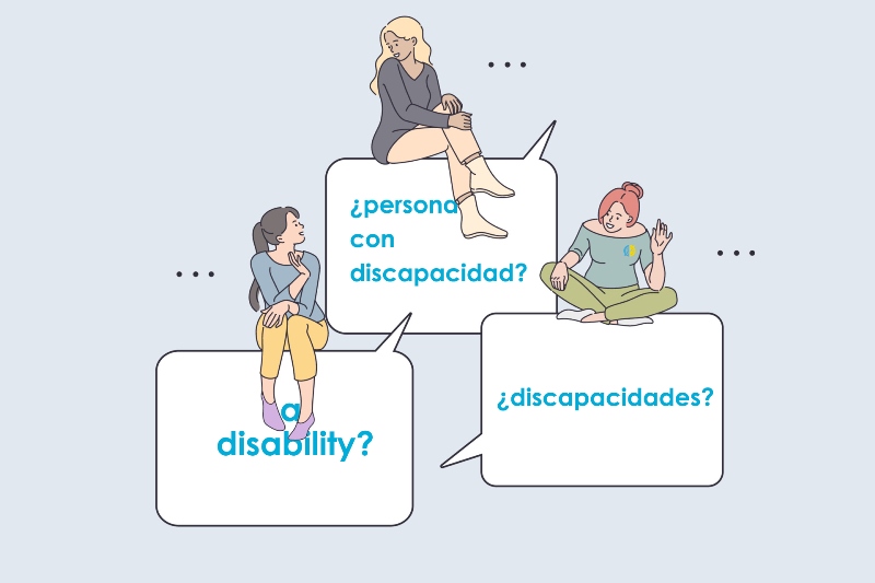 Tres personas hablando sobre bocadillos que dicen ¿discapacidades?, a disability?, ¿persona con discapacidad?