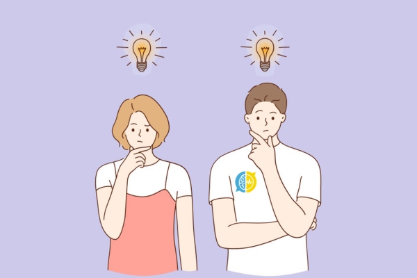 A woman and a man with doubtful expressions, hands on chin and a lightbulb over their heads