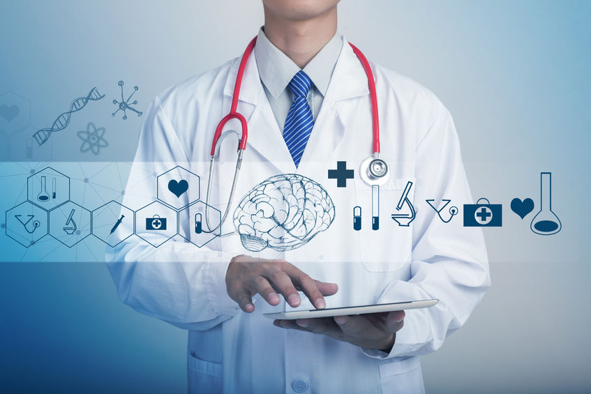 Medical professional reading about psychology, medicine and healthcare in tablet